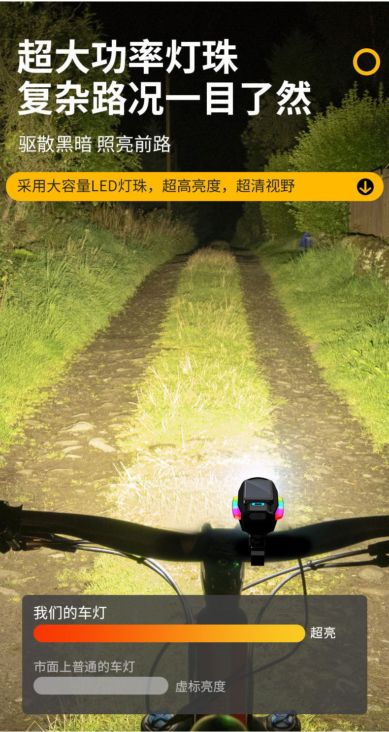 Solar-powered mountain bike lights, strong night riding bells, super loud general road bike headlight horns pic 5