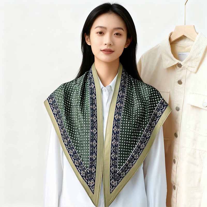 The new silk scarf is a versatile and fashionable printed triangular scarf for women. It is a fashionable shawl in green and red and a trendy accessory for spring, summer, autumn and winter