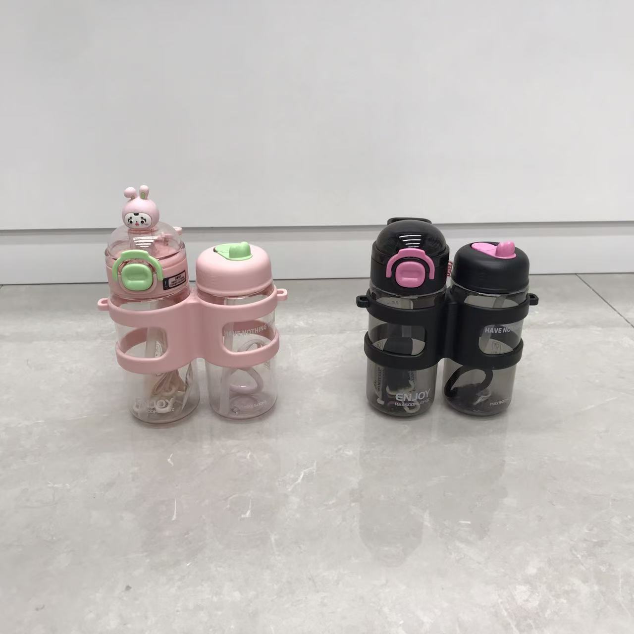 双杯连体便携水杯 户外运动健身分仓杯 食品级透明塑料杯 双盖独立饮水杯详情5