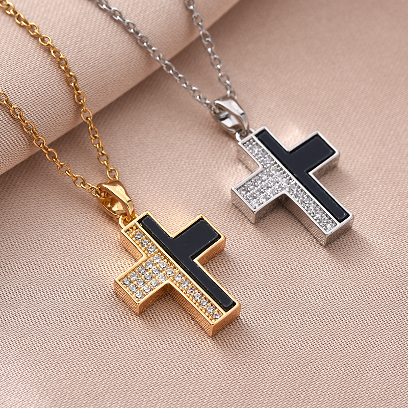 New cross-border copper-plated real gold cross pendant necklace from Europe and America, simple pendant, Southeast Asian trend, versatile, set with zircon