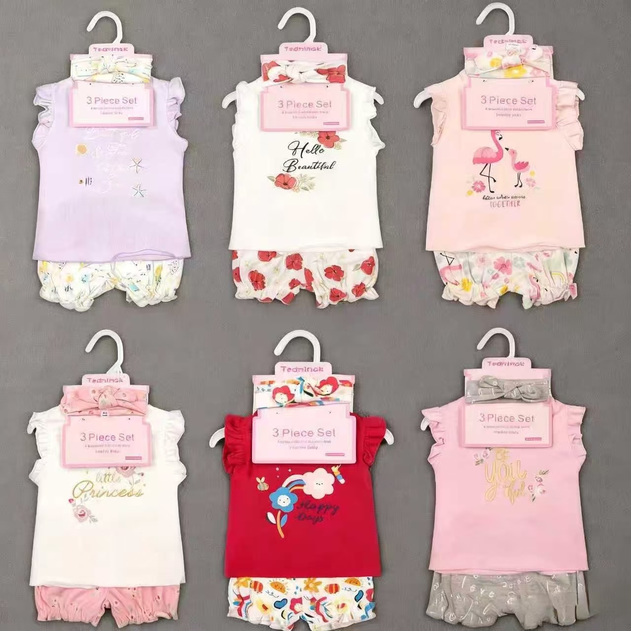 A summer casual and fashionable three-piece set for European and American babies, featuring a short T-shirt, shorts and a hair band, is a breathable and comfortable bestseller Specification image