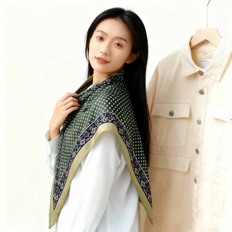 The new silk scarf is a versatile and fashionable printed triangular scarf for women. It is a fashionable shawl in green and red and a trendy accessory for spring, summer, autumn and winter details Picture
