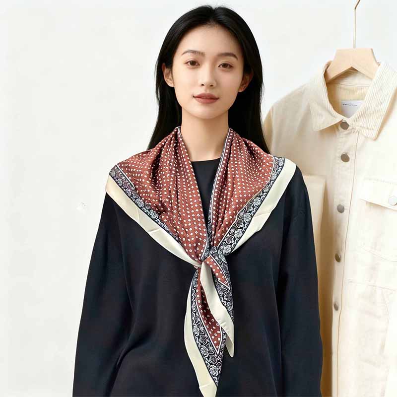 The new silk scarf is a versatile and fashionable printed triangular scarf for women. It is a fashionable shawl in green and red and a trendy accessory for spring, summer, autumn and winter Specification image