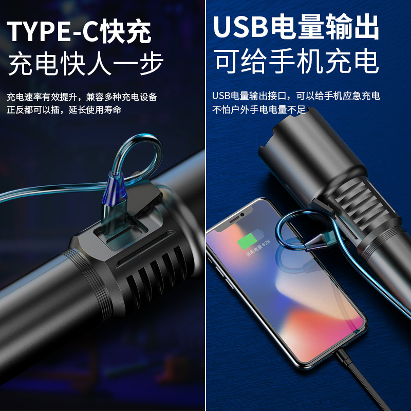 The new outdoor flashlight with a powerful focusing cannon and a 100,000-lumen digital display white laser flashlight is portable for charging Application Scenario