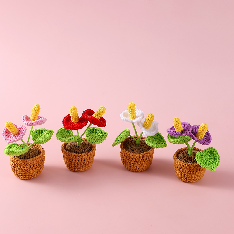 成品跨境钩织毛线花盆栽纯手工编织仿真花摆件礼物毛线花详情3