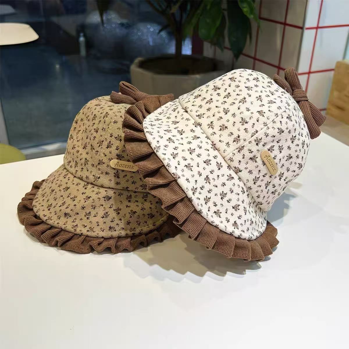 婴儿渔夫帽春秋季洋气拼色花边遮阳盆帽女宝宝小清新秋天防晒帽潮