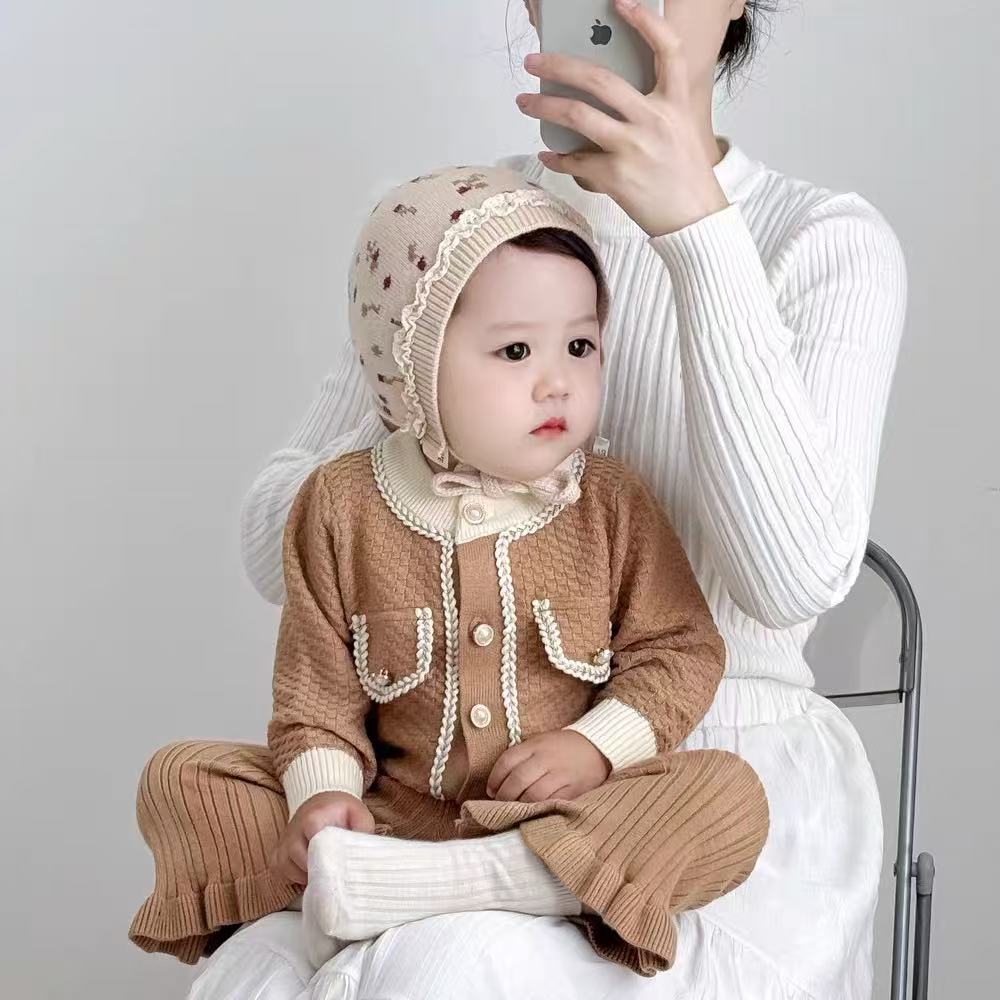 韩国婴儿帽子冬季蕾丝毛球帽婴幼儿保暖防风宝宝针织帽儿童护耳帽