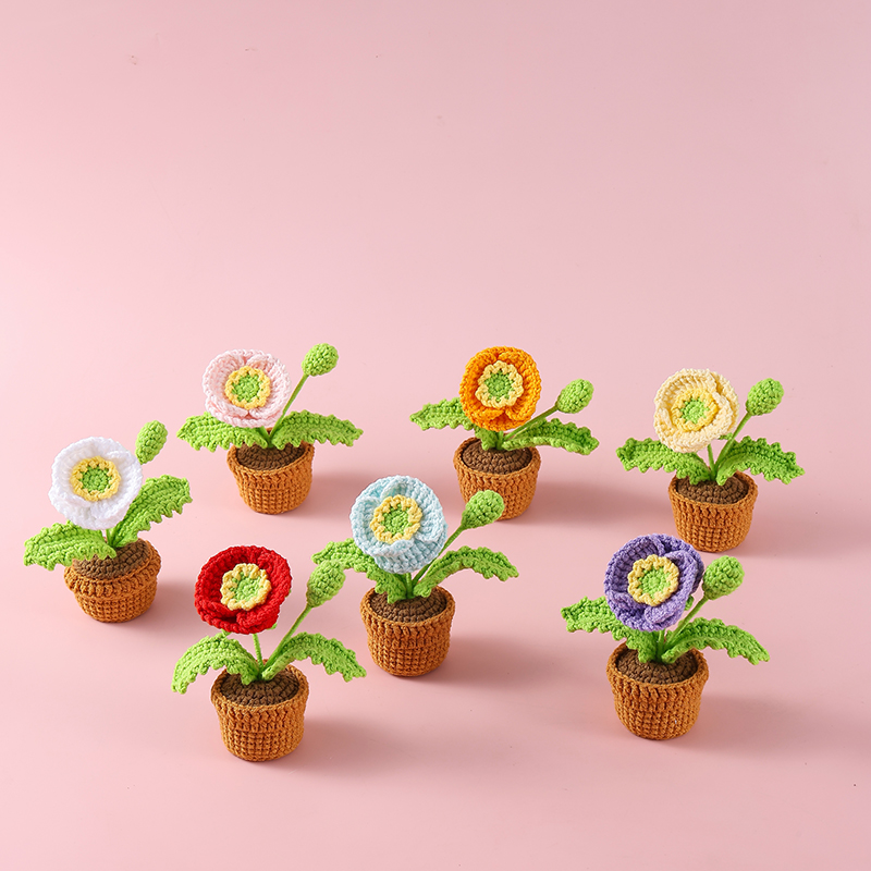 外贸成品跨境钩织虞美人毛线花盆栽纯手工编织仿真花摆件礼物
