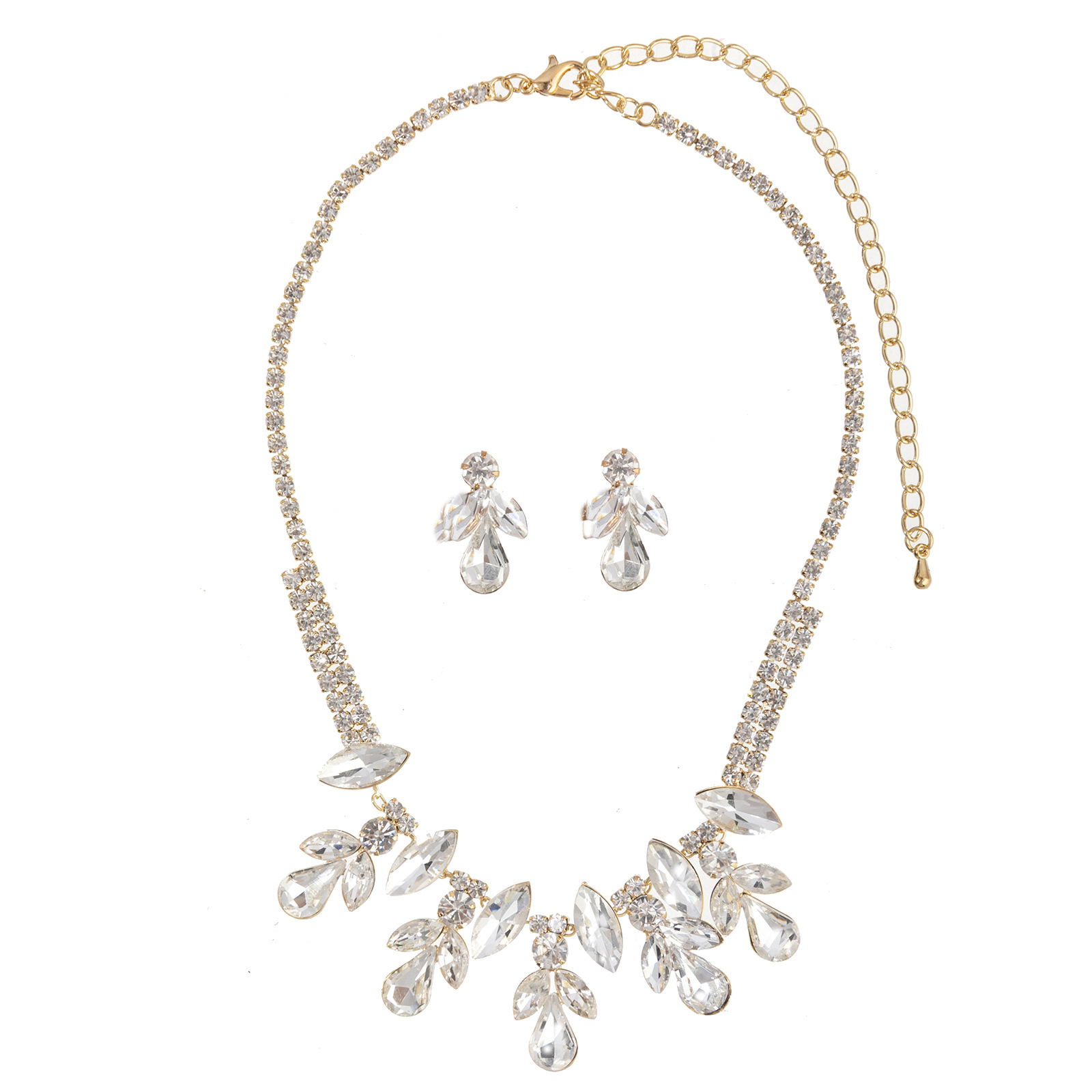 Factory direct sales of cross-border jewelry, luxurious large water diamond necklace and earring set, exaggerated stage style, banquet and wedding diamond-encrusted jewelry set