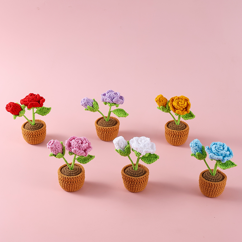 成品跨境钩织花植物盆栽毛线花盆栽纯手工编织仿真花摆件礼物
