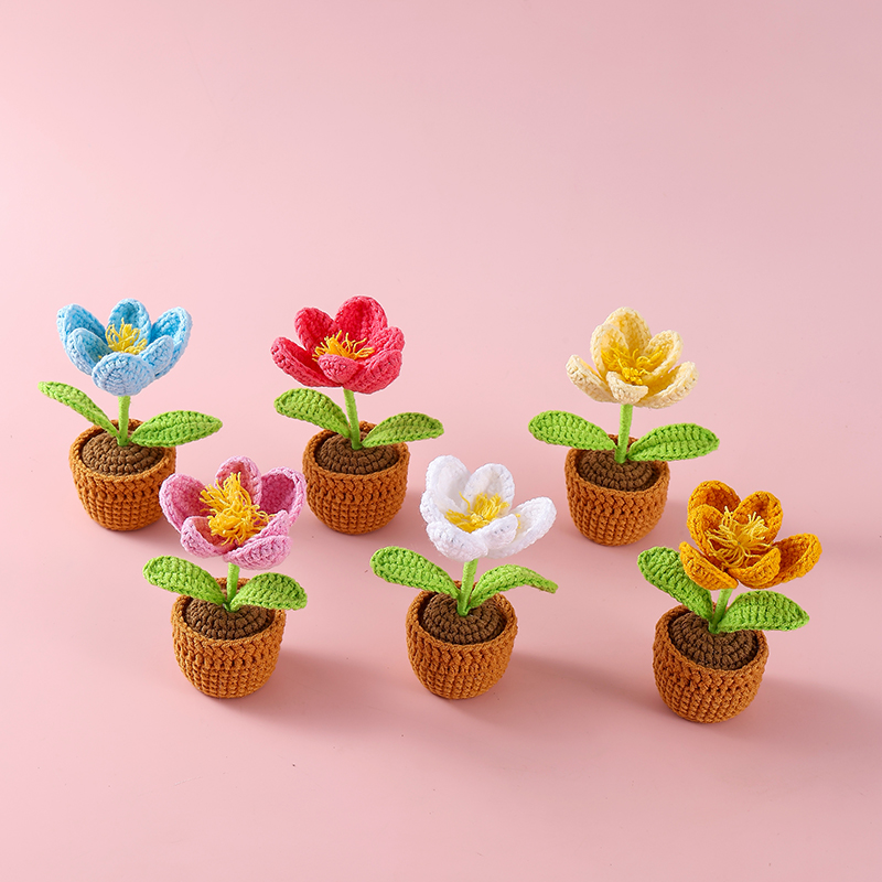 成品跨境钩织毛线花盆栽纯手工编织仿真花摆件礼物毛线花详情1