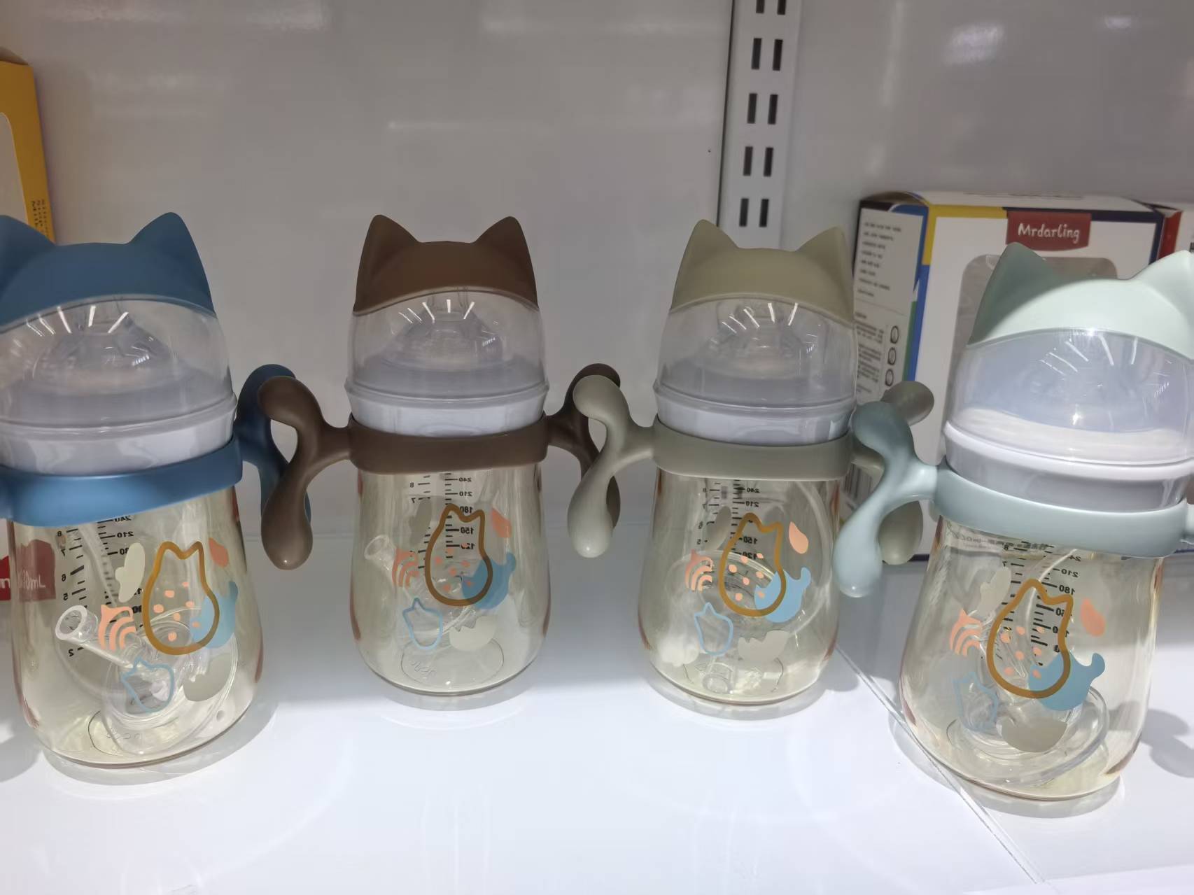 婴儿奶瓶 母婴用品  硅胶防胀气奶嘴300ML 240ML 可爱猫头宽口塑料奶瓶