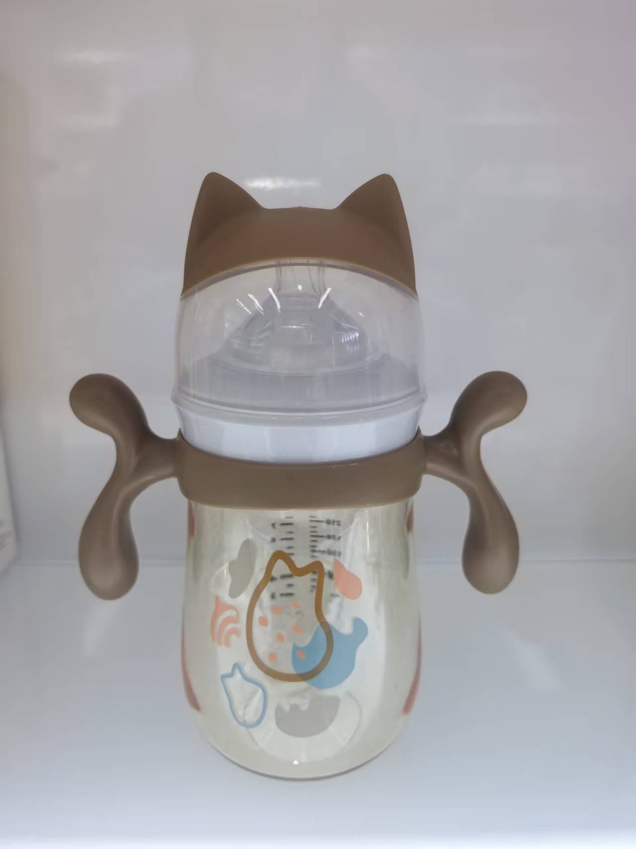 婴儿奶瓶 母婴用品  硅胶防胀气奶嘴300ML 240ML 可爱猫头宽口塑料奶瓶细节图