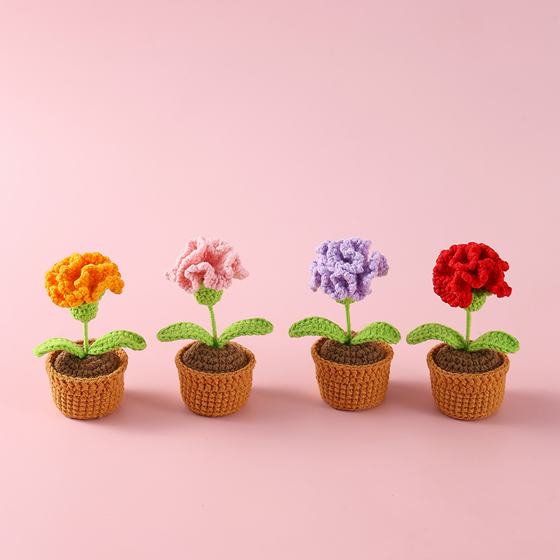 成品跨境钩织康乃馨毛线花盆栽纯手工编织仿真花摆件礼物
