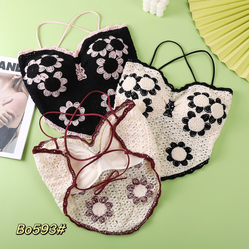 Embroidered crochet lace halter top undefined