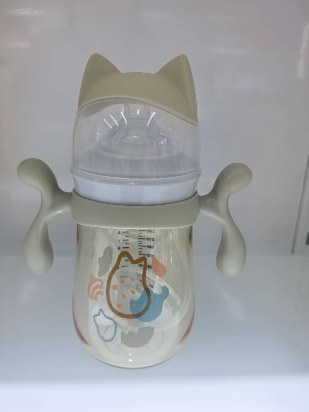 婴儿奶瓶 母婴用品  硅胶防胀气奶嘴300ML 240ML 可爱猫头宽口塑料奶瓶产品图