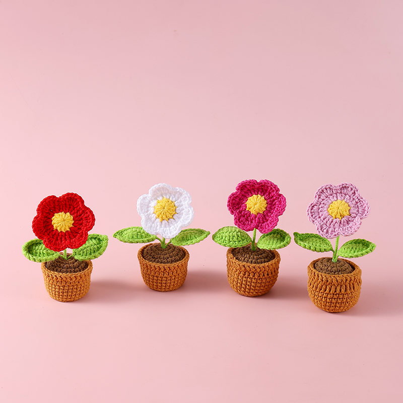 成品跨境钩织毛线花盆栽纯手工编织仿真花摆件礼物毛线花详情4
