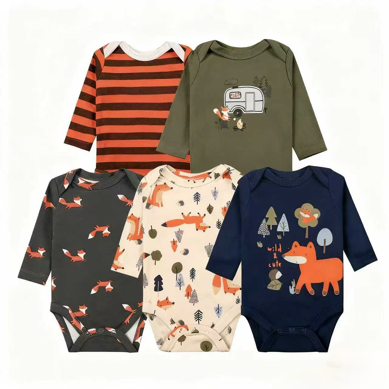 2025秋冬爆款!5件A类纯棉婴儿连体衣0-1岁保暖爬服哈衣跨境批发