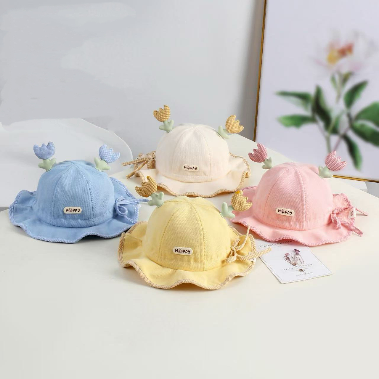 四色萌趣花朵帽HAPPY字母花边可调节秋冬儿童渔夫帽
