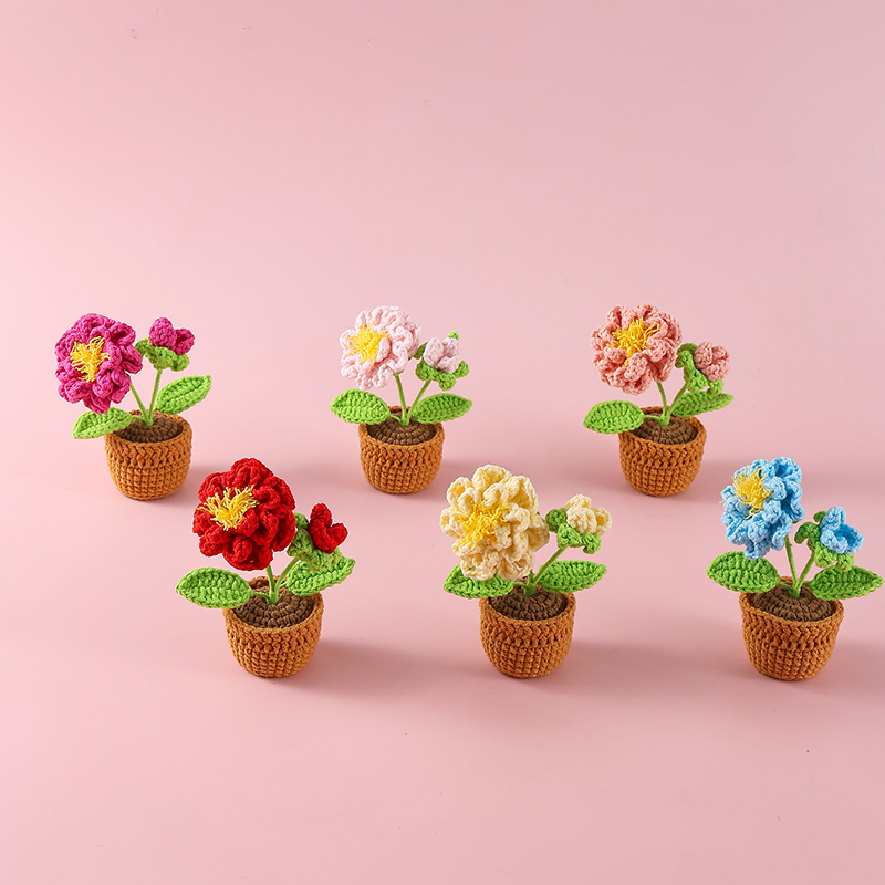 成品跨境钩织花毛线花盆栽纯手工编织仿真花摆件礼物