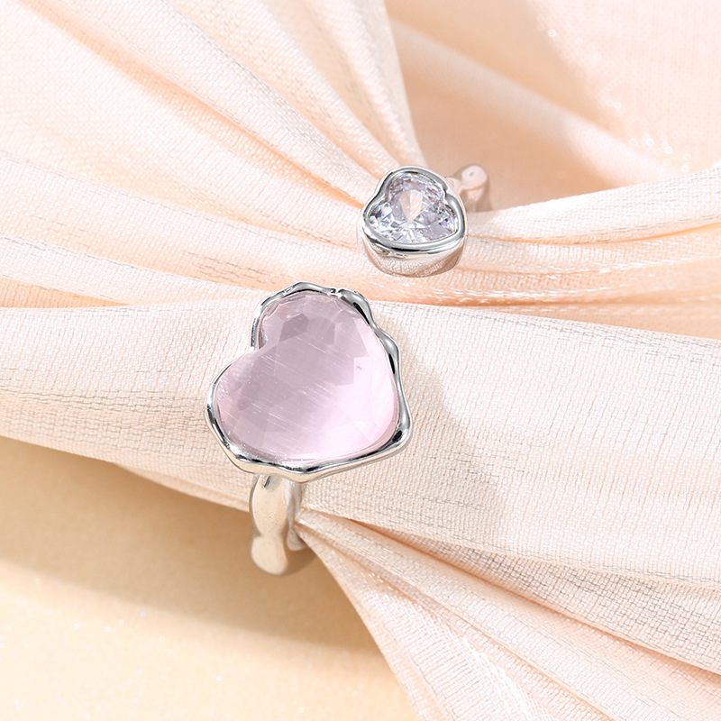 情人节戒指天然石开口指环粉色宝石戒指锆石镶嵌戒指定制