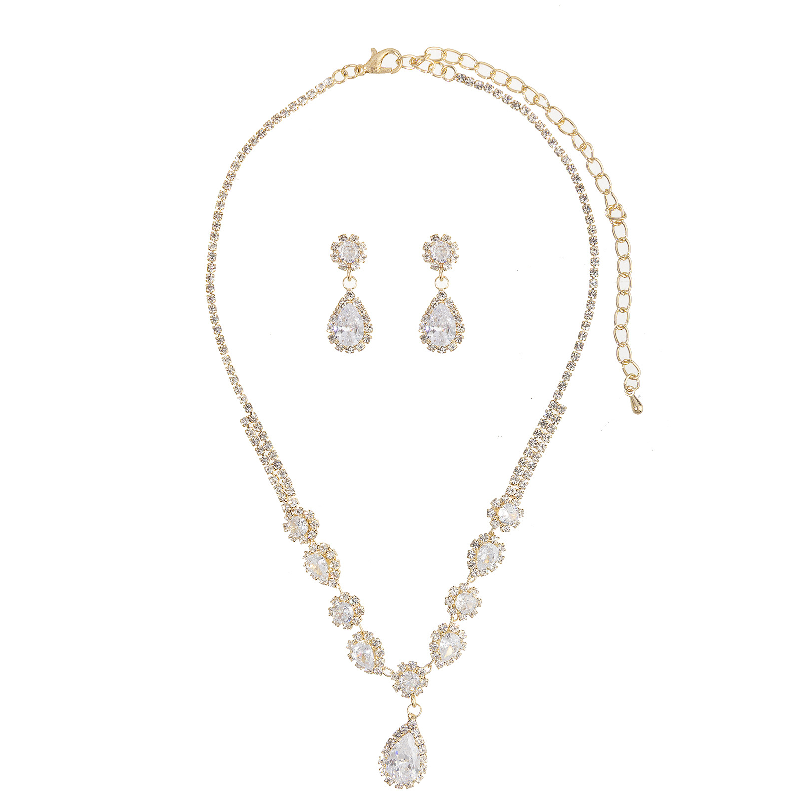 欧美跨境两件套超闪水滴形锆石项链耳环复古轻奢婚礼宴会成套首饰套装