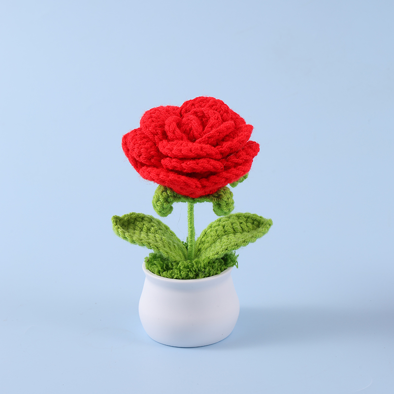 玫瑰毛线盆栽成品跨境钩织爱心毛线花盆栽纯手工编织仿真花摆件礼物