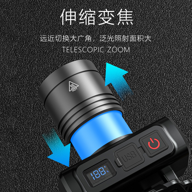 Aluminum alloy portable headlamp for outdoor lighting, with telescopic zoom function and long battery life pic 3