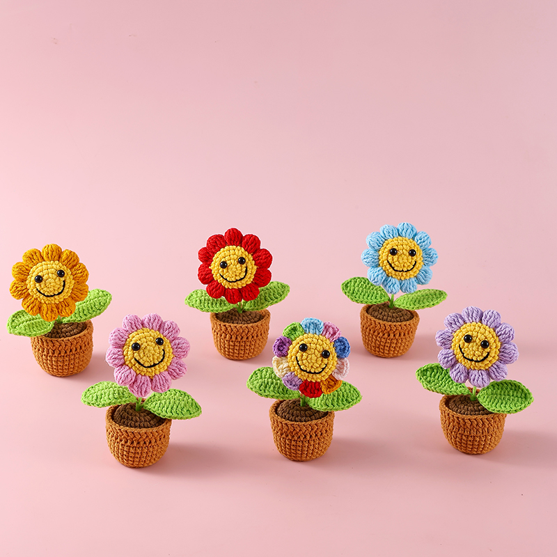 成品跨境钩织毛线花盆栽纯手工编织仿真花摆件礼物毛线花