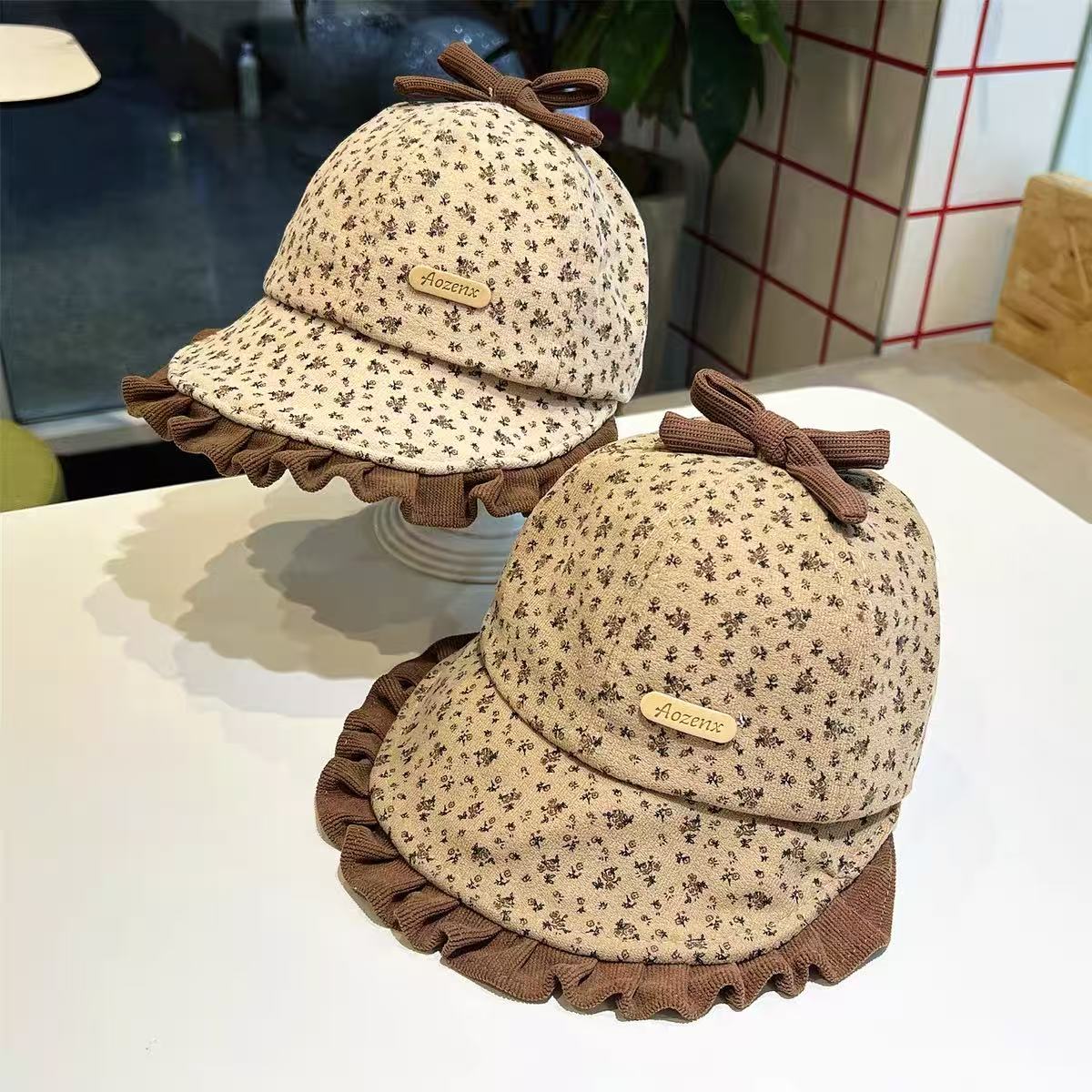 婴儿渔夫帽春秋季洋气拼色花边遮阳盆帽女宝宝小清新秋天防晒帽潮产品图