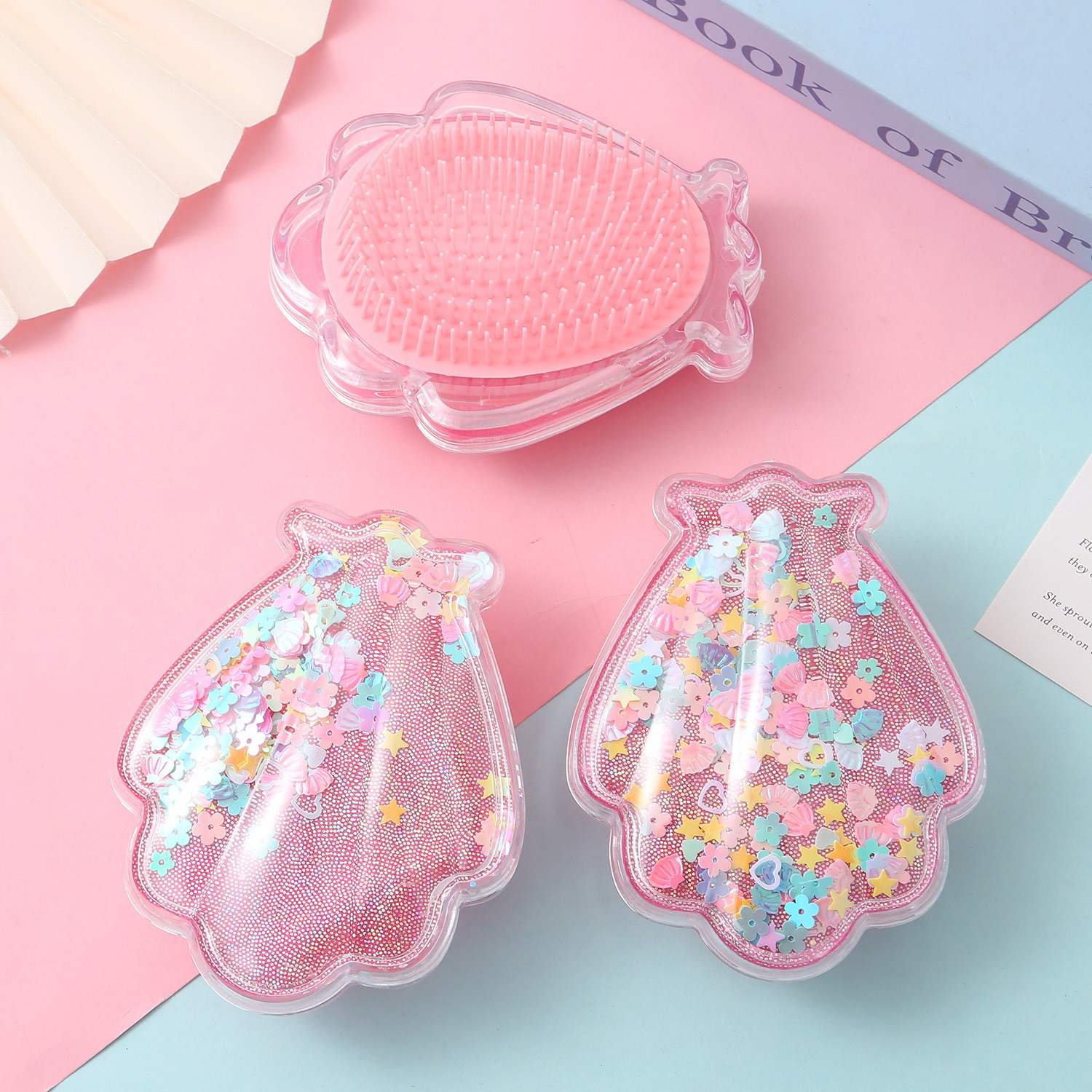 跳跳猪梳子美发顺发梳贝壳型扇型手拿梳子少女可爱创意便捷家用贝壳梳子