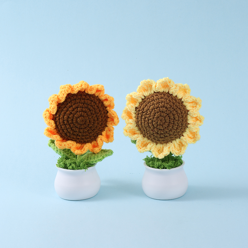 大向日葵毛线盆栽成品跨境钩织爱心毛线花盆栽纯手工编织仿真花摆件礼物