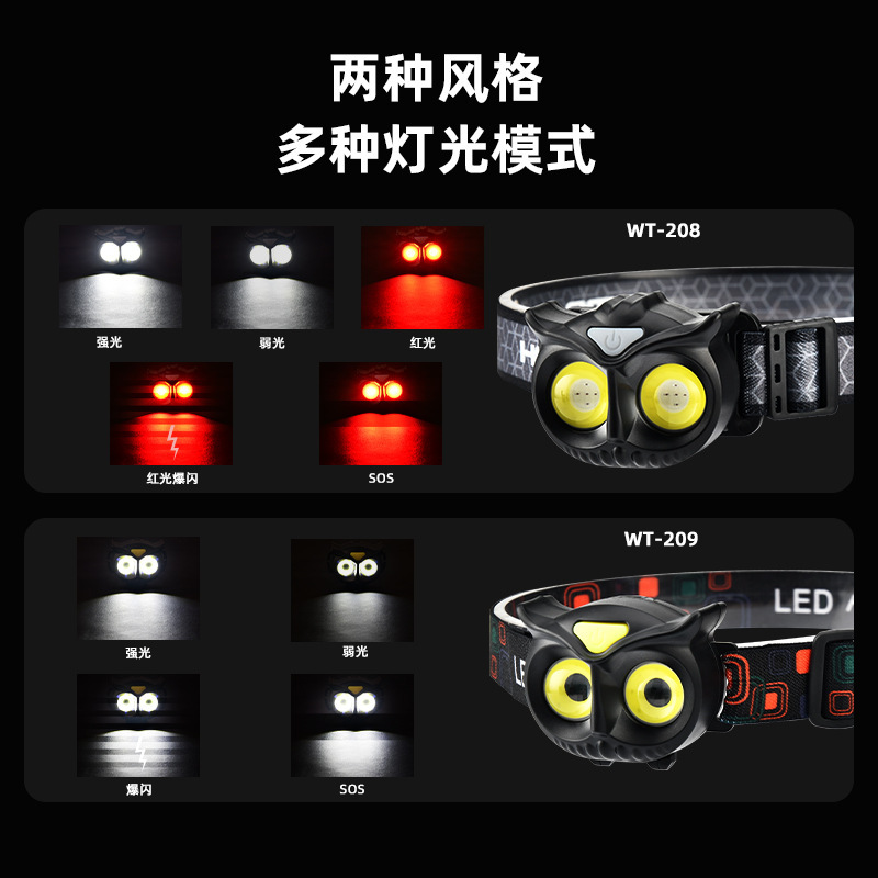 New portable Type-C charging outdoor cycling fishing light cob owl sensor headlight warning headlight details Picture