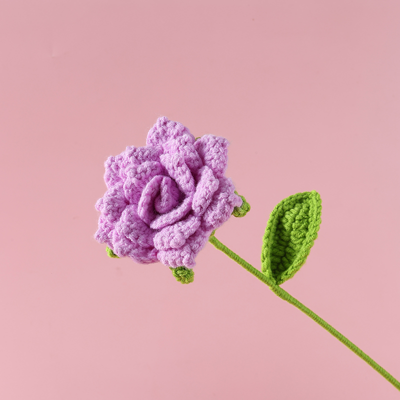 玫瑰花枝毛线花花枝钩织花纯手工编织仿真花包花束材料现货可来图来样定制