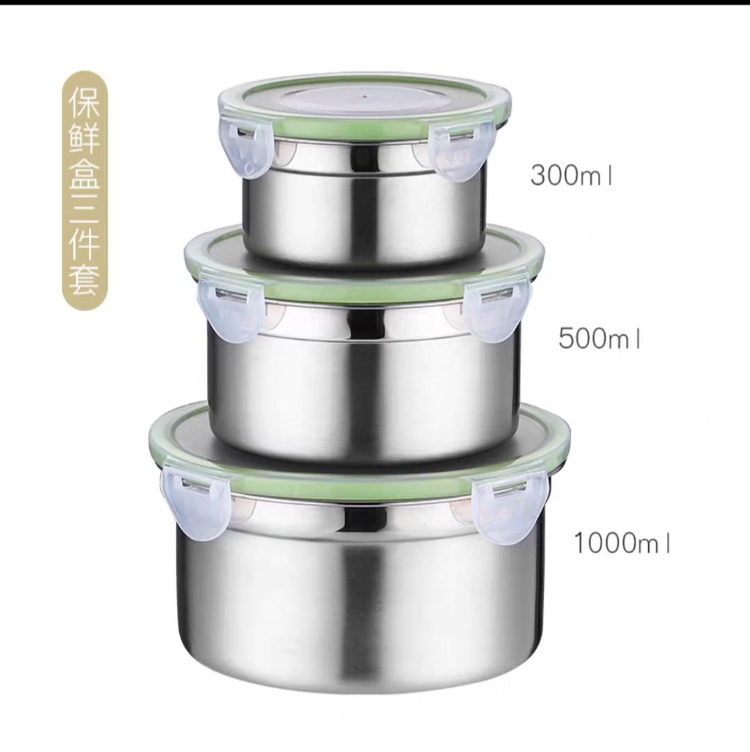 Round 304 stainless steel food-grade fresh-keeping box, refrigerator, fruit and food storage bowl, covered bento box, takeout lunch box, multiple specifications, tight seal, no cross-contamination of flavors, exhaust valve for longer preservation, covered design for convenient storage, insulated pot Item Picture