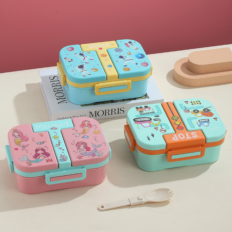Children's fun plastic lunch box, independent compartments, sealed picnic box, microwave oven-heated student lunch box, with folding spoon lunch box Specification image