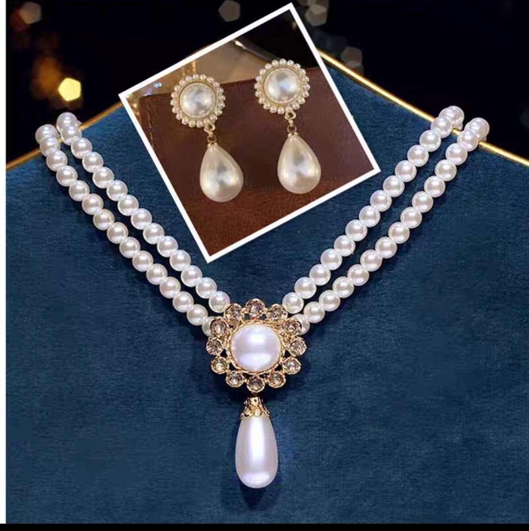 复古多层珍珠水钻耳钉项链套链女神范轻奢配礼服气质锁骨链