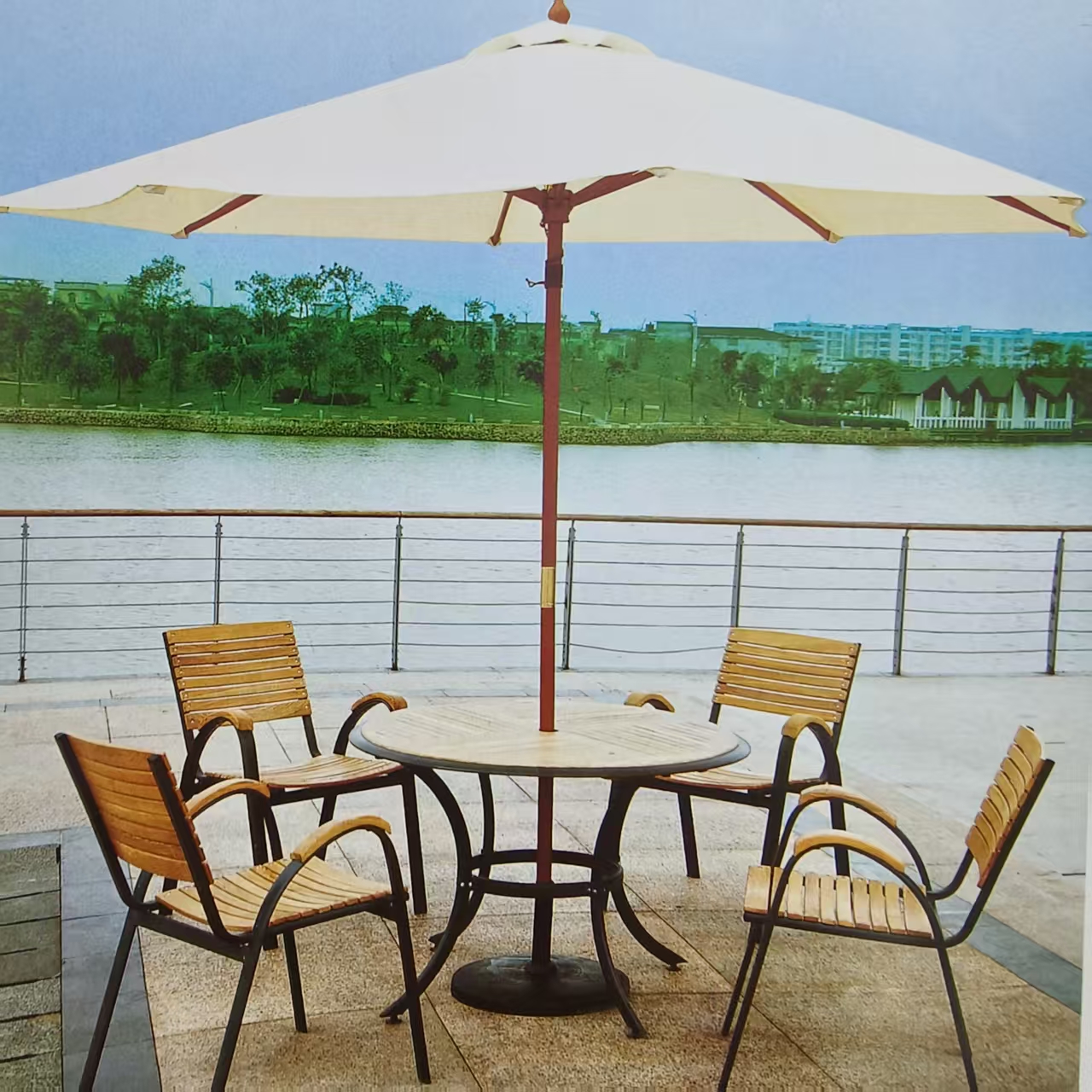 Outdoor leisure furniture: metal tables, chairs, rattan sofas, swings, sun umbrellas, outdoor tents details Picture