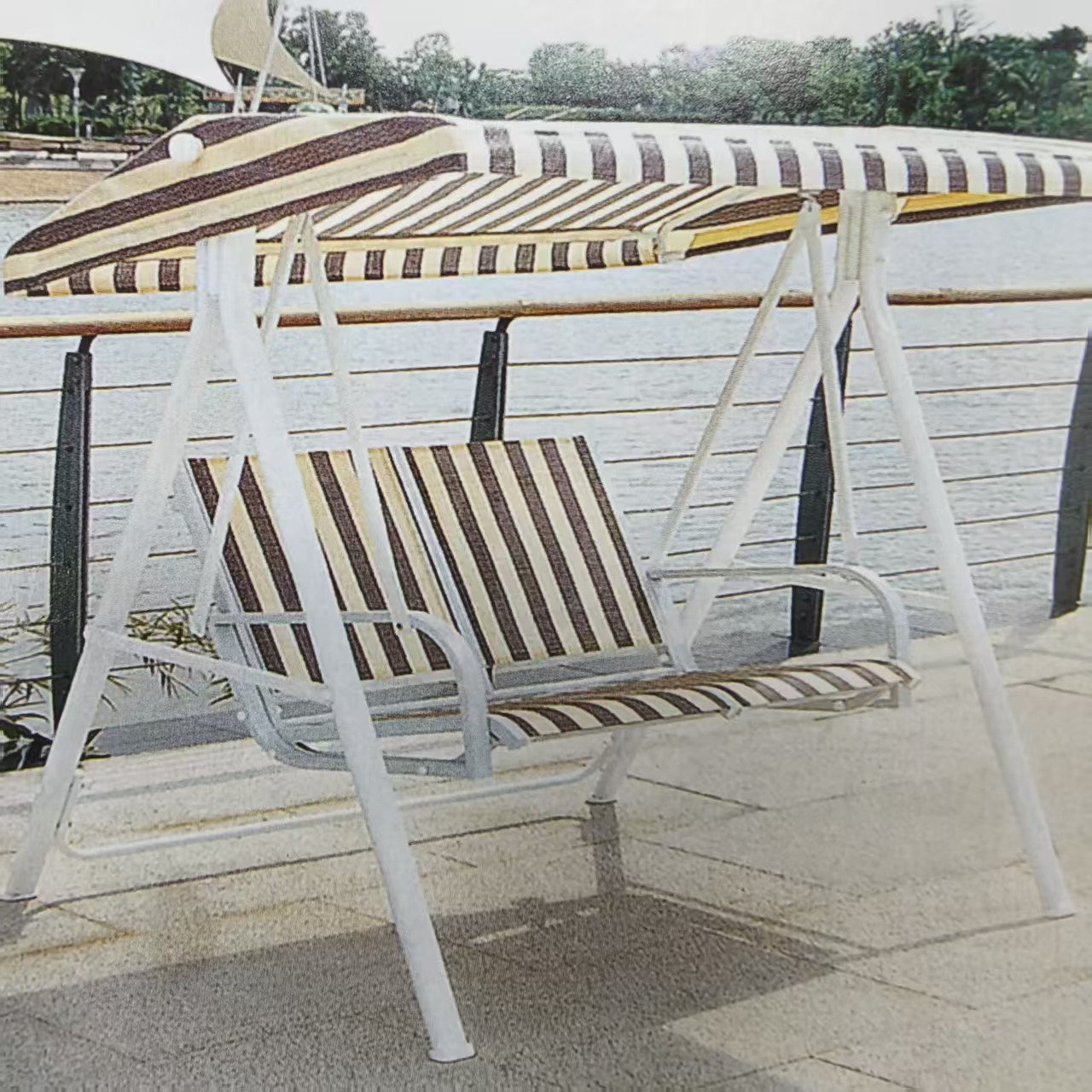 Outdoor leisure furniture: metal tables, chairs, rattan sofas, swings, sun umbrellas, outdoor tents details Picture