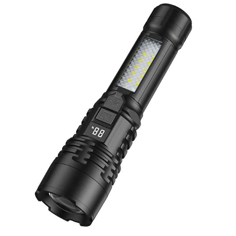 Multi-functional outdoor zoom long-range flashlight, digital display red and blue flashing warning light, large floodlight, side light flashlight Item Picture