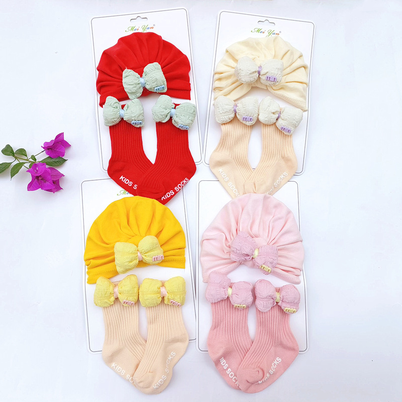 跨境秋季厚幼儿帽子袜子套装男女宝宝护卤门无骨胎帽套头帽0-1岁 婴儿帽