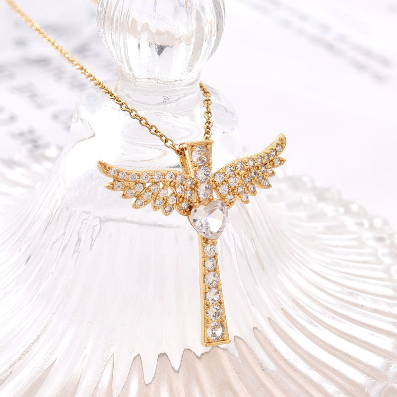欧美吊坠爆款铜镀真金十字架项链天使之翼简约吊坠东南亚潮流百搭镶锆石详情图4