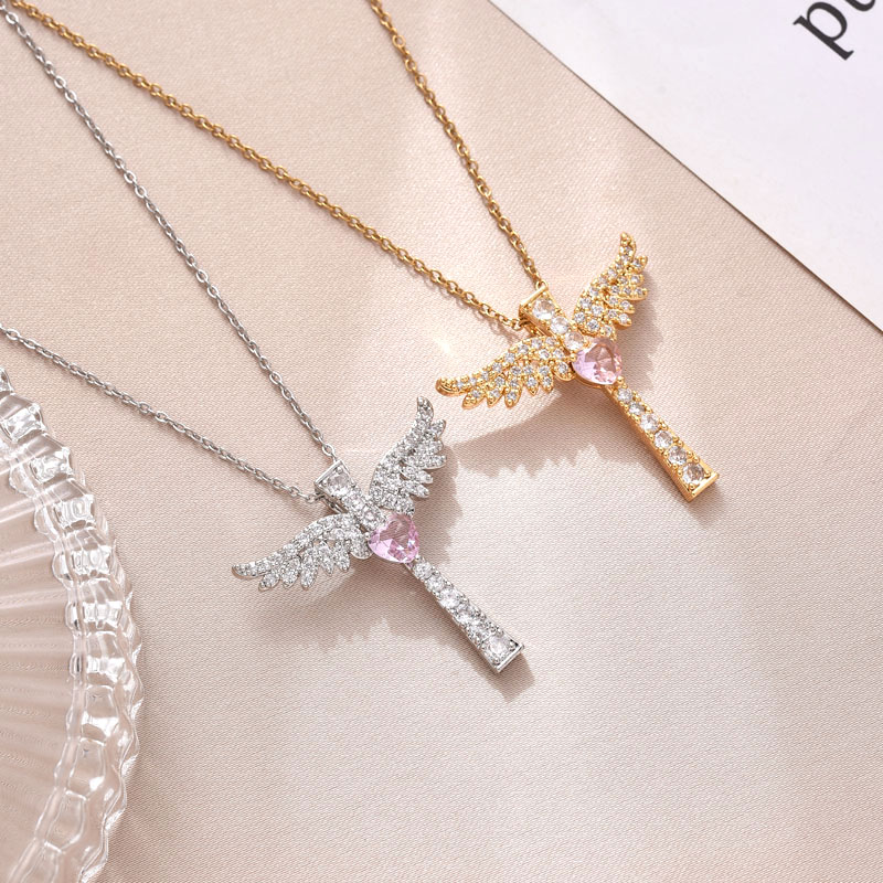 欧美吊坠爆款铜镀真金十字架项链天使之翼简约吊坠东南亚潮流百搭镶锆石详情图1