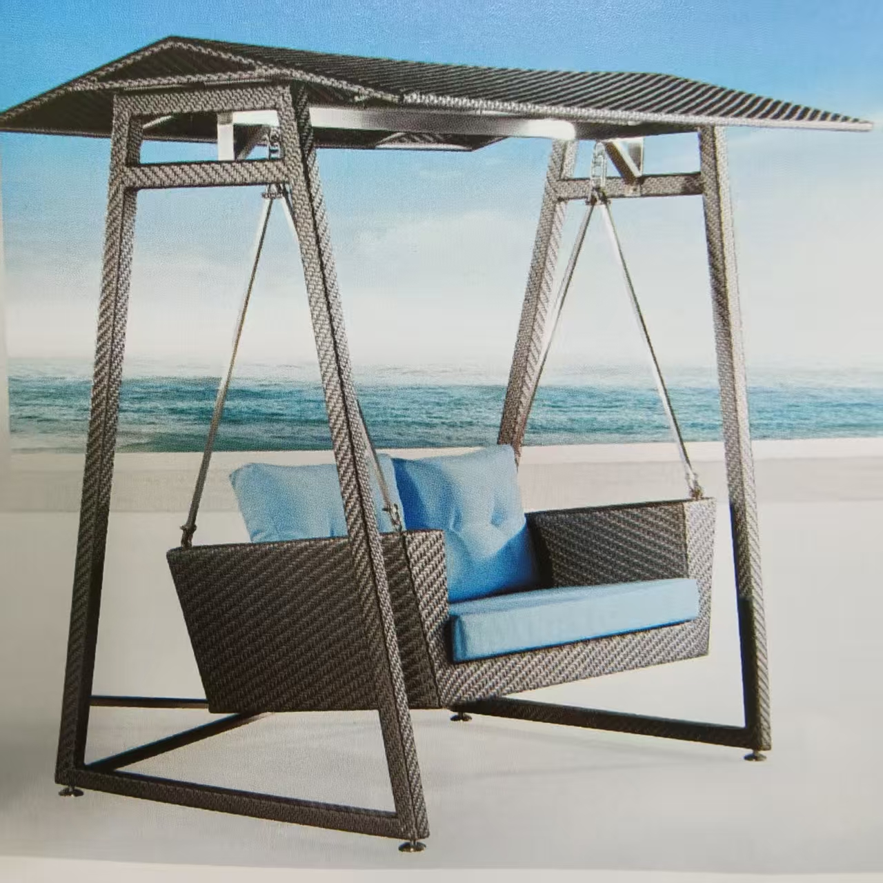 Outdoor leisure furniture: metal tables, chairs, rattan sofas, swings, sun umbrellas, outdoor tents