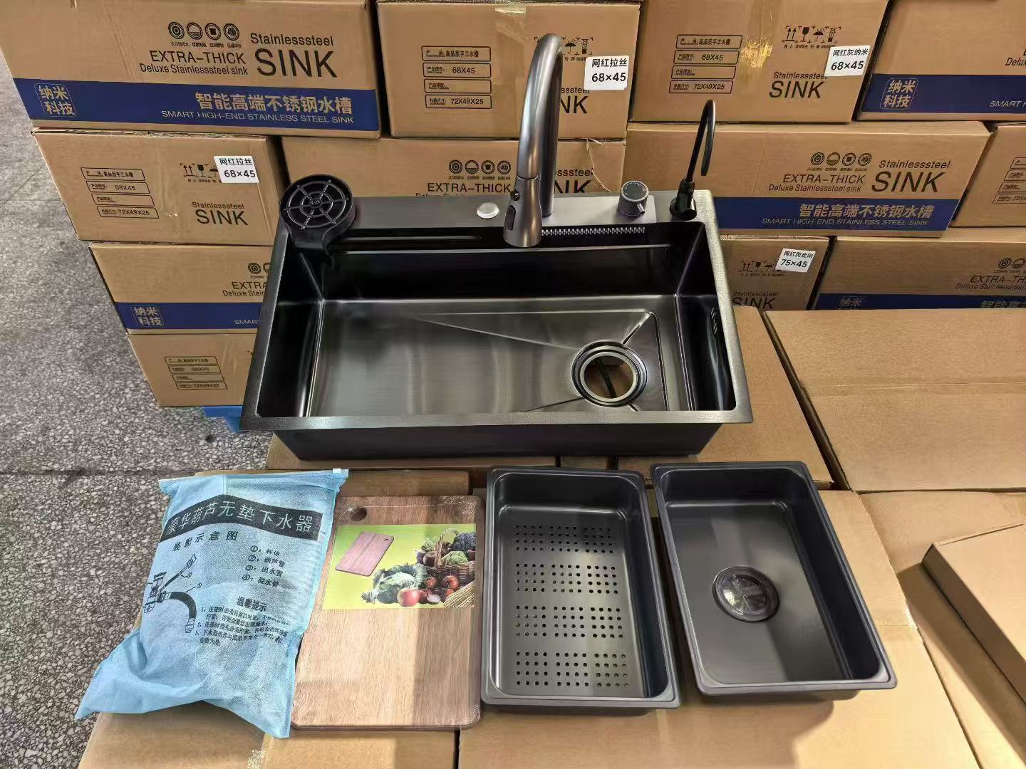 飞雨瀑布水槽纳米不锈钢多功能家用厨房洗菜盆大单槽