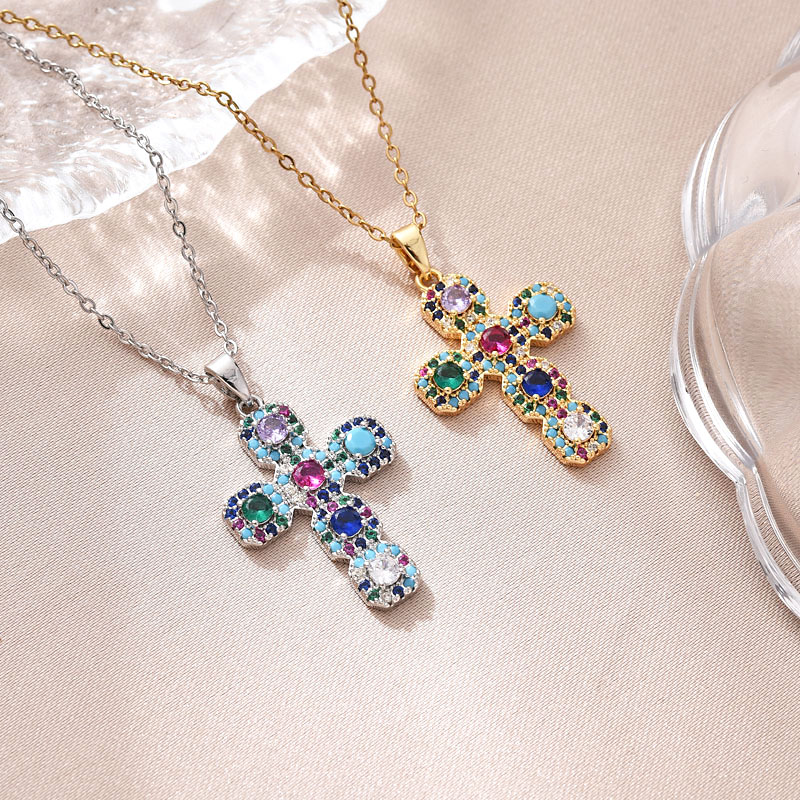 跨境外贸新款铜镀真金十字架项链饰品简约吊坠东南亚潮流气质百搭镶锆石