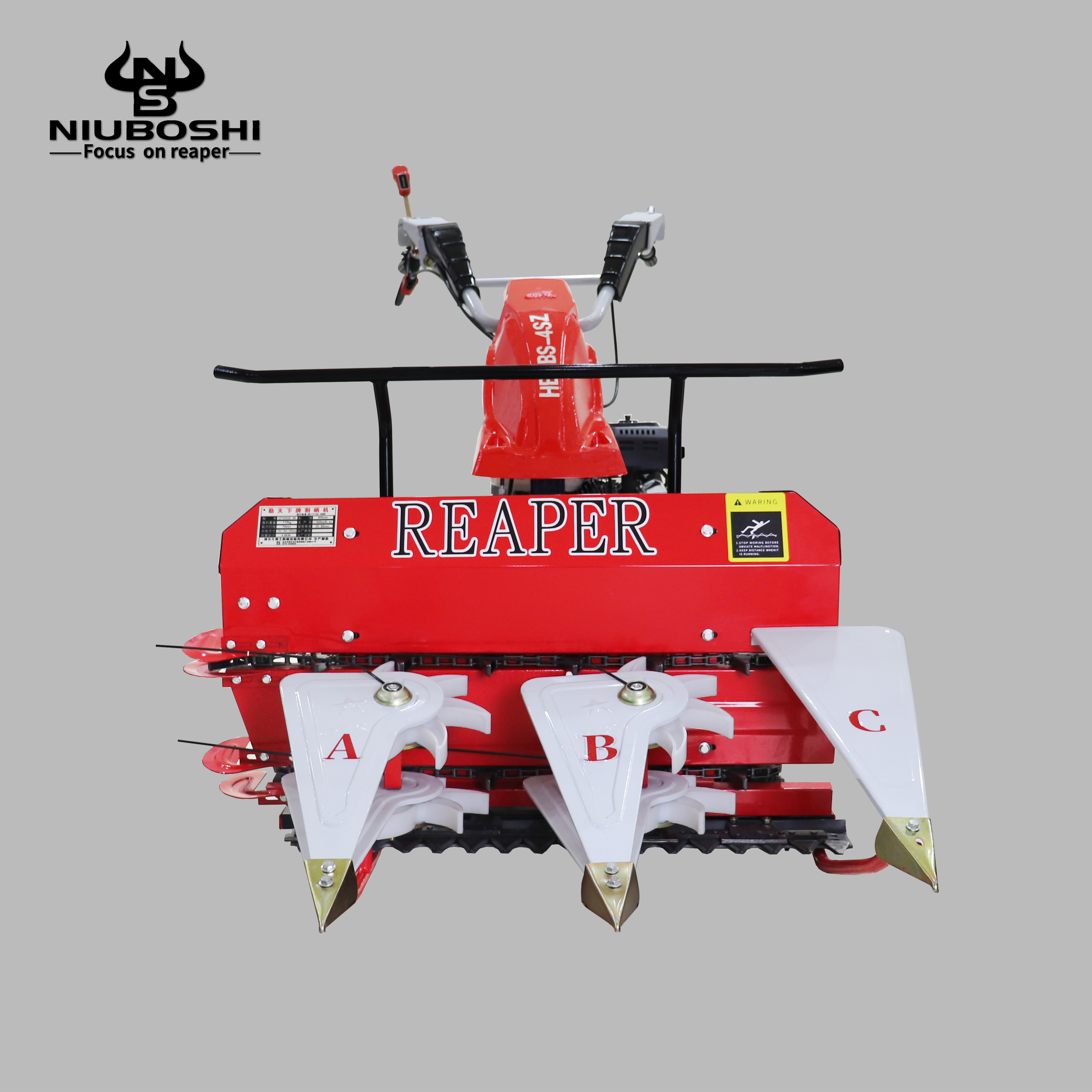 Harvester, equipped with a 5HP engine, with a cutting width of 80 to 100 centimeters, featuring a differential clutch and a 5-speed RV reducer. The harvester is suitable for rice, chili peppers, and wheat