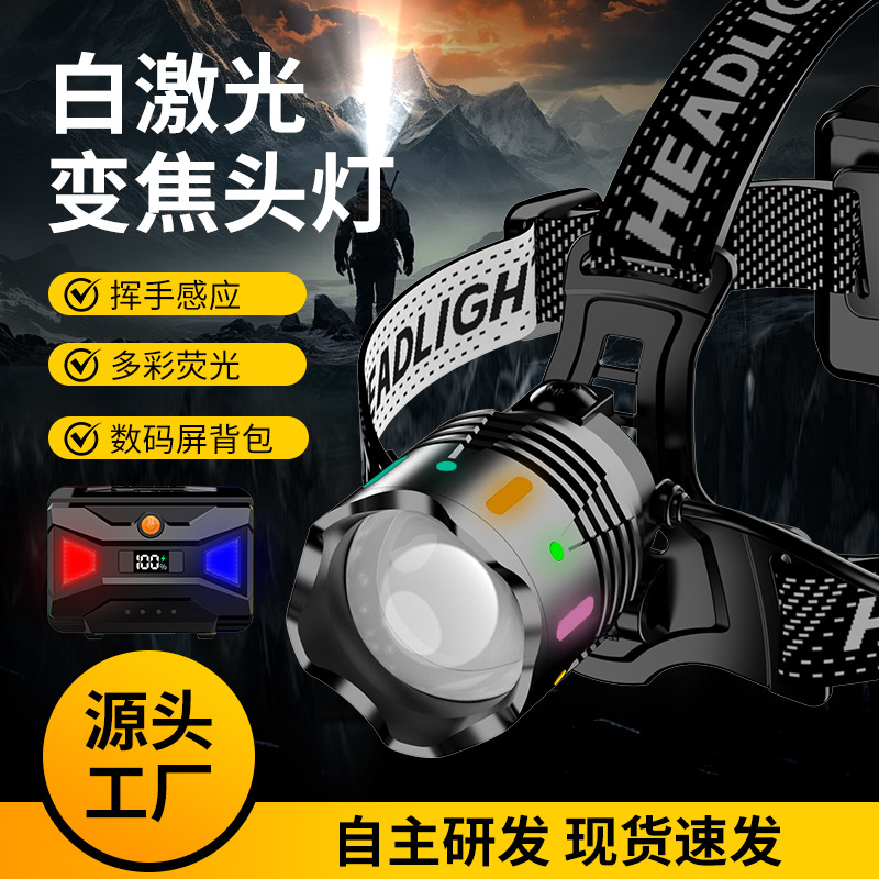 白激光头灯超亮远射充电变焦头戴式感应夜钓鱼矿灯大功率头灯