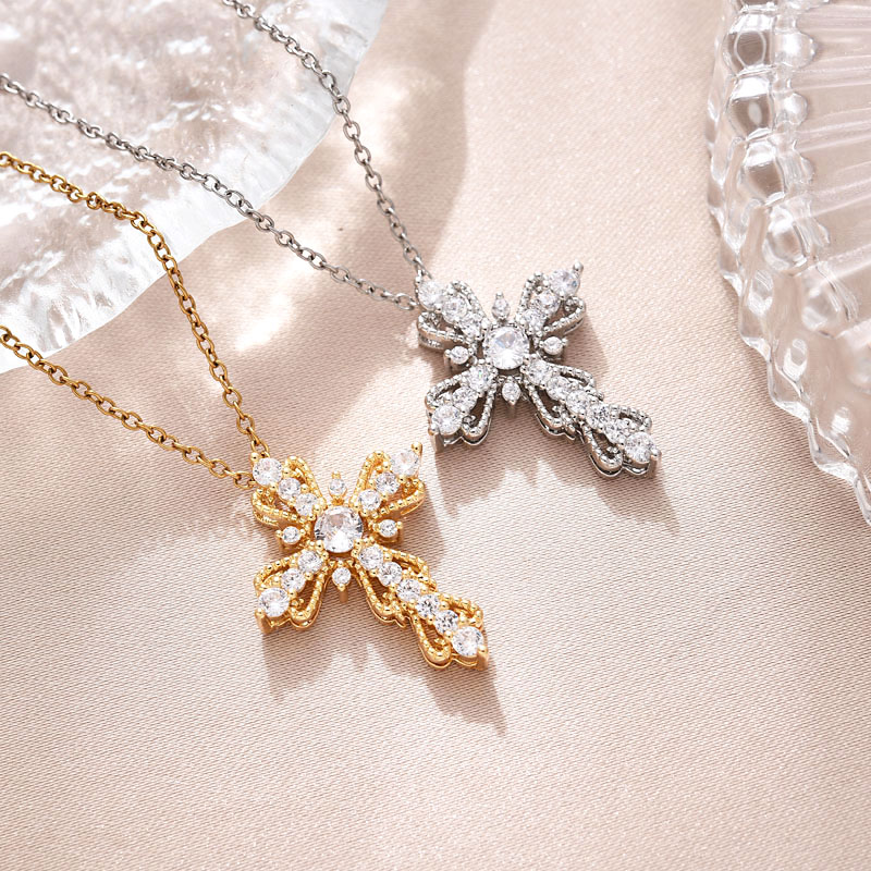 European and American cross-border trade copper-plated real gold cross necklace jewelry, simple hollowed-out design pendant, Southeast Asian trend, versatile, set with zircon