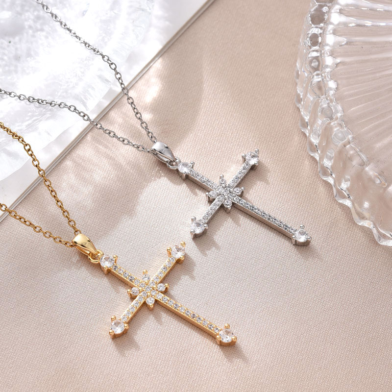 欧美跨境热卖外贸新款铜镀真金十字架项链饰品简约吊坠东南亚潮流百搭镶锆石详情1